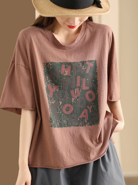 Women Summer Casual Print O-Neck Loose Cotton Shirt ZZ1054 Ada Fashion