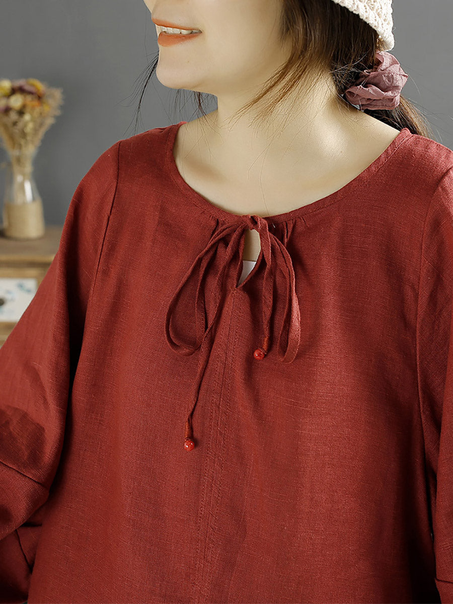Plus Size Women Autumn O-Neck 100%Linen Loose Blouse AK1001 Genistyle Shop
