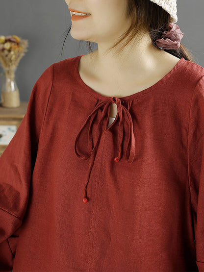 Plus Size Women Autumn O-Neck 100%Linen Loose Blouse AK1001 Genistyle Shop
