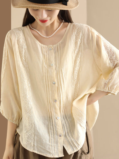 Women Summer Artsy Lace Spliced Ramie Button-Up Shirt II1020 GLL