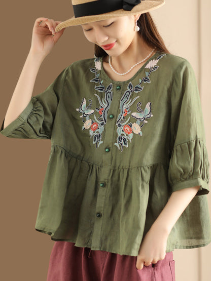 Women Ethnic Flower Embroidery Summer Ramie Shirt QW1015 Ada Fashion