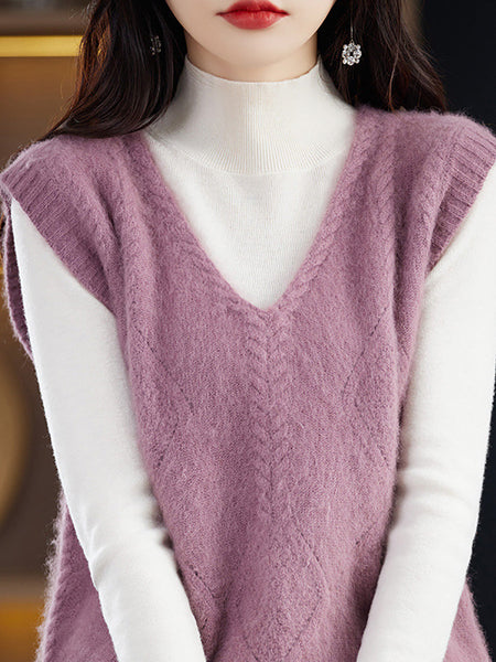 Women Casual Wool V-Neck Twist Knit Vest BA1045 Genistyle Shop