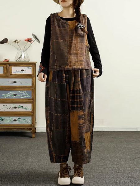Women Autumn Plaid Spliced Cotton Harem Pants AI1051 BUYKUD