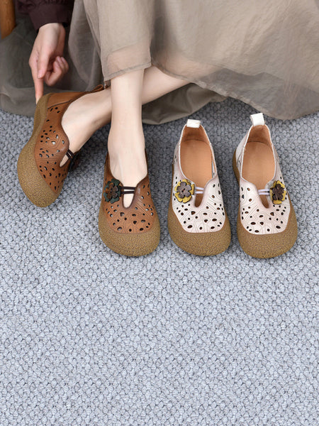 Leather Fashion Shoes Hollow Women Out Flower Flat FashionChic