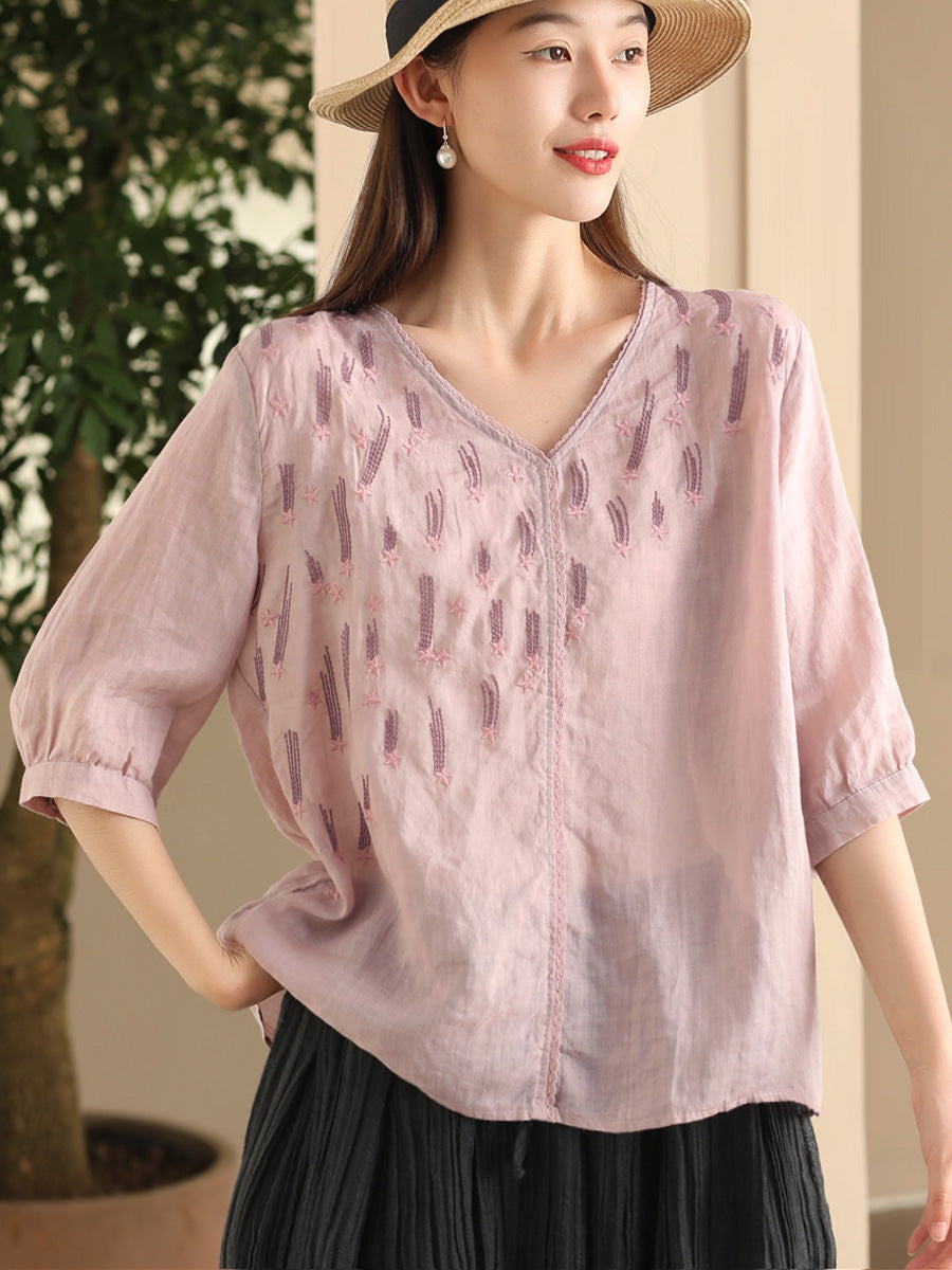 Women Summer Artsy Embroidery V-Neck Ramie Shirt FD005 ZMMM