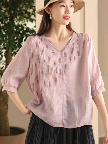 Women Summer Artsy Embroidery V-Neck Ramie Shirt FD005 ZMMM