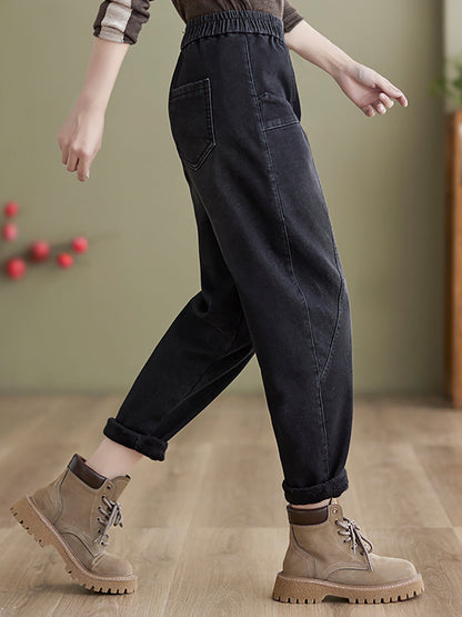 Women Autumn Vintage Solid Fleece-lined Harem Pants QN025 BK