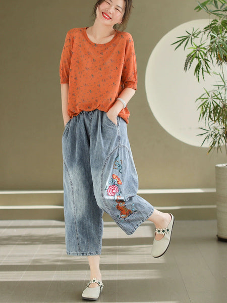 Women Artsy Flower Embroidery Denim Harem Pants AS1006 Ada Fashion