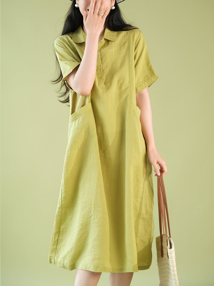 Women Summer Casual Solid Polo Collar 100%Ramie Dress CX056 ZMMM