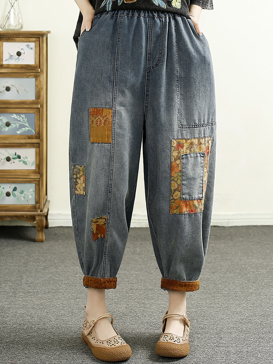 Women Summer Vintage Patch Spliced Denim Harem Pants HH040 DYL