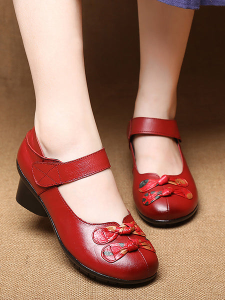 Women Summer Vintage Leather Spliced Mid-Heel Shoes II1014 TOYA