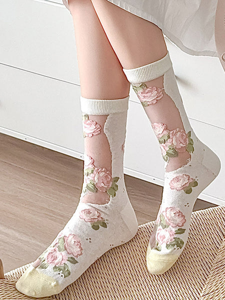 3 Pairs Women Elegant Flower Lace Spliced Thin Socks BN1032 Ada Fashion