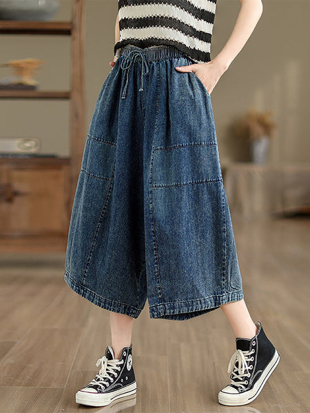Women Summer Casual Solid Denim Spliced Wide-leg Pants PP1002 BUYKUD