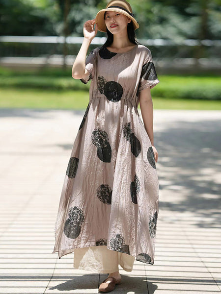 Plus Size Women Artsy Dot 100%Ramie Loose Dress SC1063 Ada Fashion