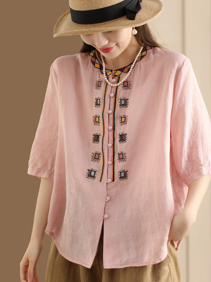 Women Summer Ethnic Embroidery Ramie Shirt ZZ1053 Ada Fashion