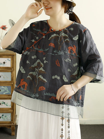 Women Vintage Summer Embroidery Ramie O-Neck Shirt OO1007 BUYKUD