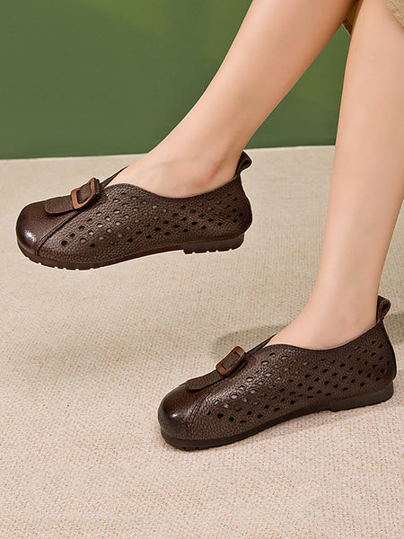 Leather Shoes Women Spliced Vintage Flat Summer FashionChic