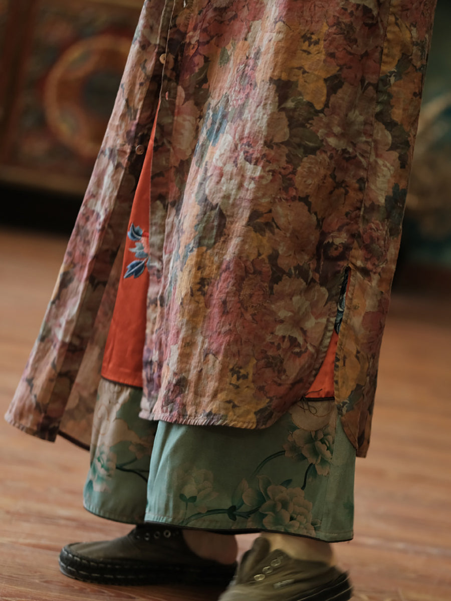 Floral Women Shirt Retro Long Vintage Ramie Button-up FashionChic