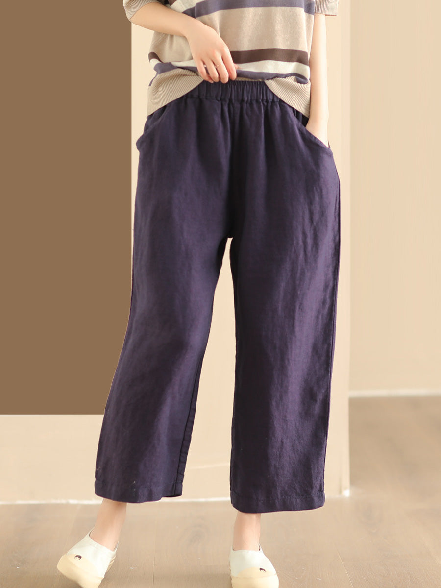 Women Summer Vintage Solid Linen Wide-leg Pants AA1017 Ada Fashion