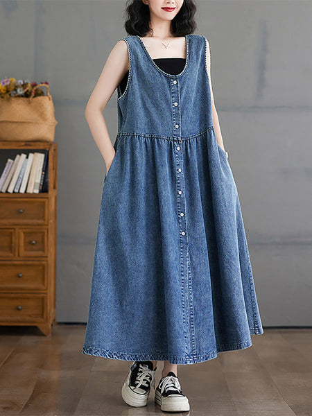 Women Casual Summer Denim A-Shape Loose Vest Dress FD054 BUYKUD