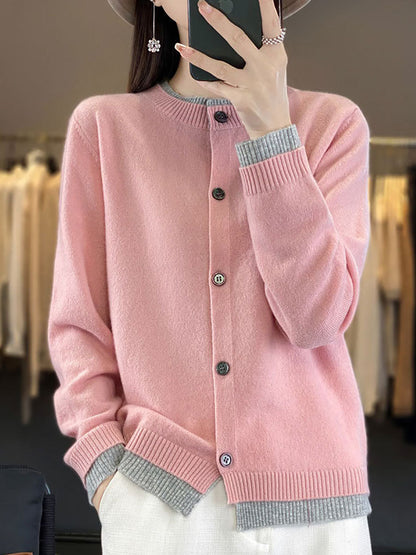 Women Autumn Colorblock Knit 100%Wool O-Neck Sweater QM006 BK