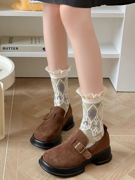 5 Pairs Women Autumn Artsy Flower JAcquard Cotton Socks QM009 BUYKUD