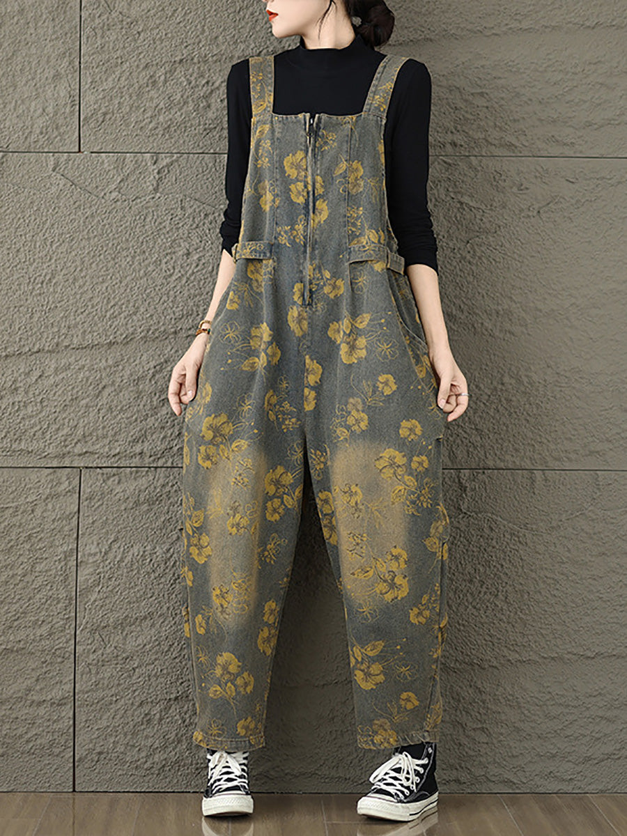 Women Autumn Retro Flower Zipper Denim Jumpsuits AX1002 Genistyle Shop