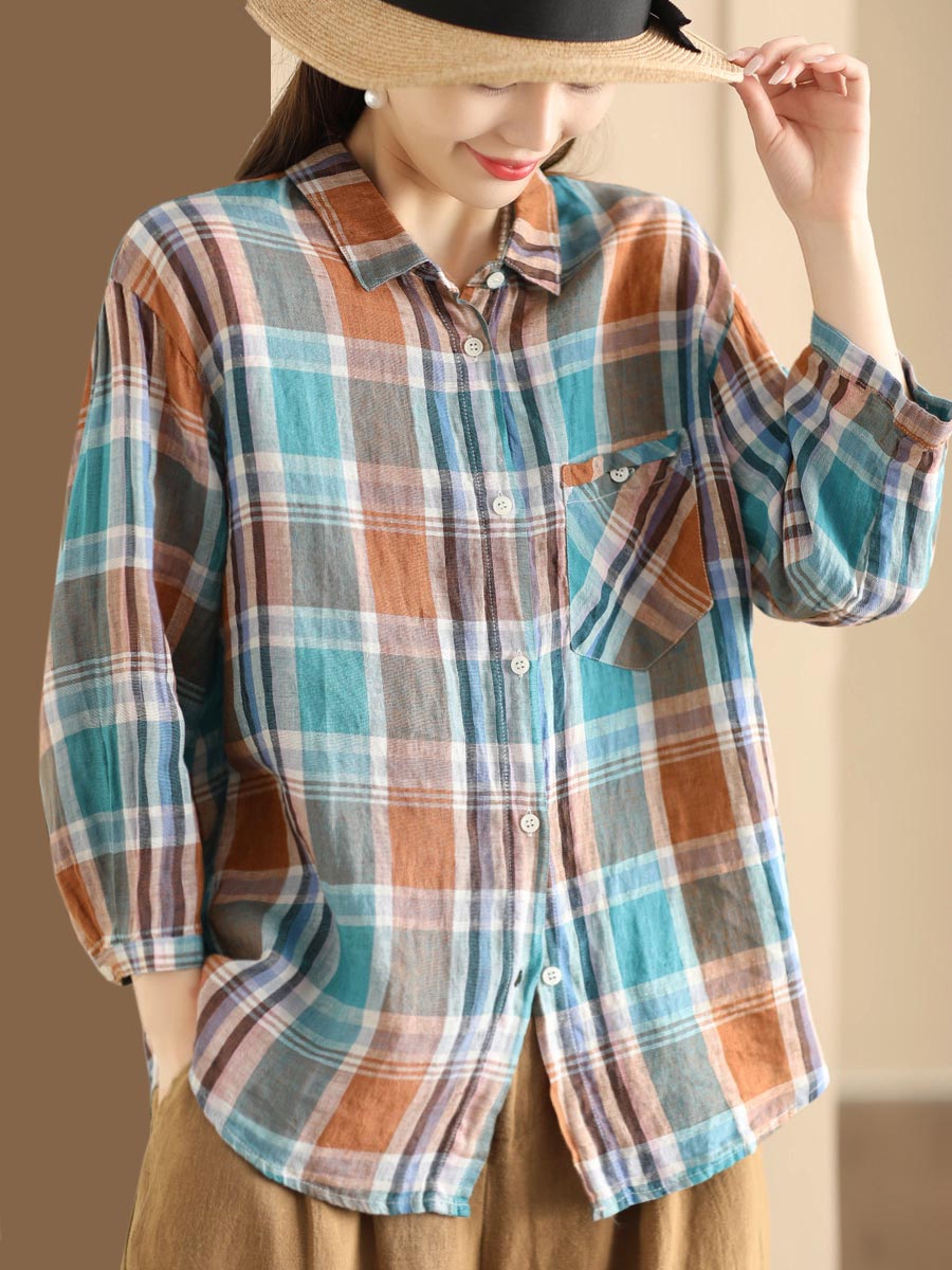 Women Vintage Plaid Summer Ramie Button-up Shirt SC1016 Ada Fashion