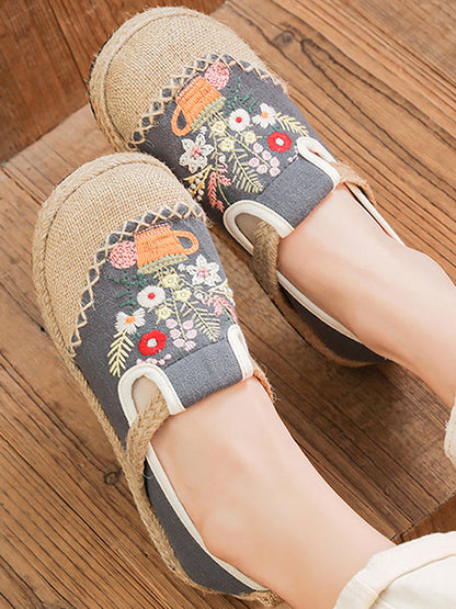 Women Summer Artsy Flower Embroidery Linen Cotton Shoes AT1080 TACH