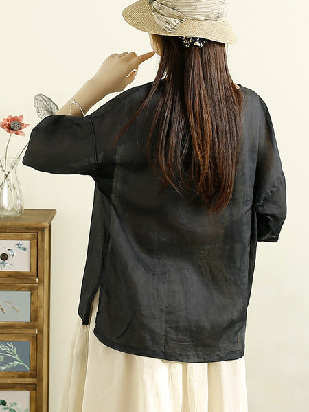 Women Summer Casual Print Loose Ramie Shirt OP1043 OSZF