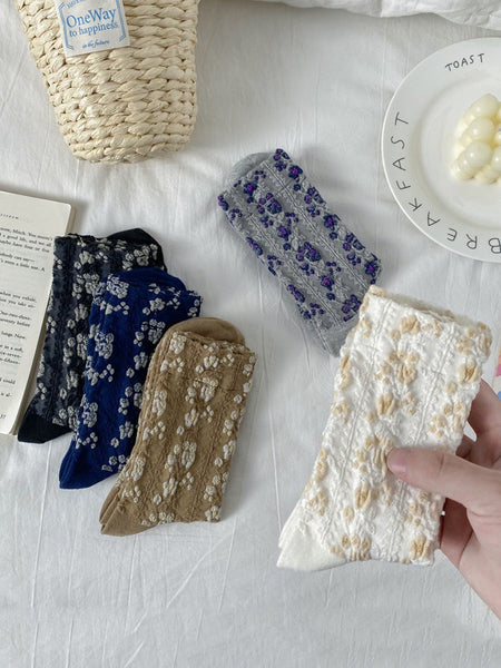 5 Pairs Women Floral Jacquard Cotton Socks AK1035 Genistyle Shop