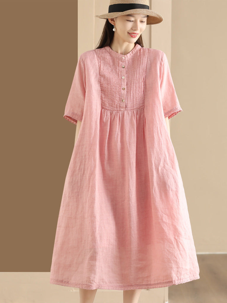 Women Summer Casual Solid Shirred Button Linen Dress HH019 LN