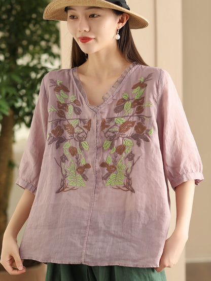 Women Summer Vintage Flower Embroidery Lace Ramie Shirt FD044 CTJY