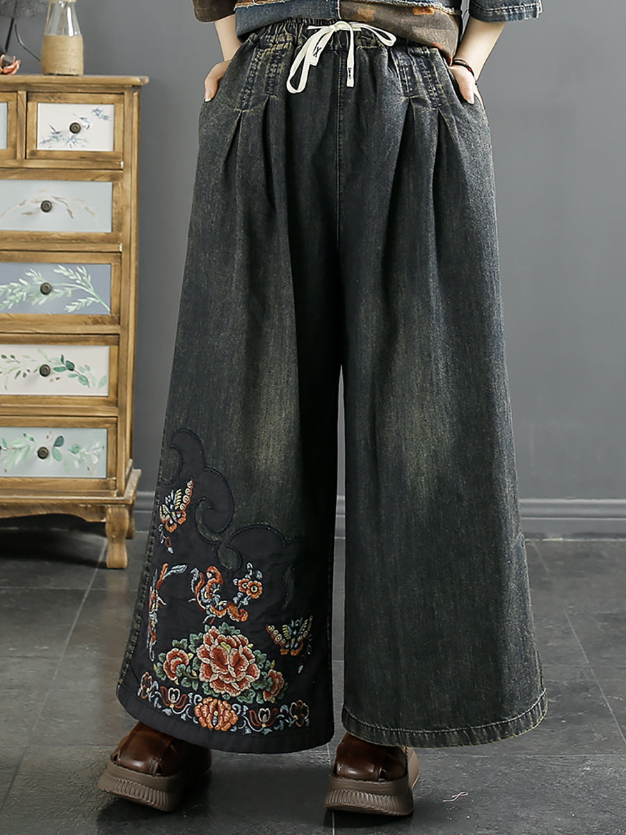 Women Summer Vintage Embroidery Denim Wide-leg Pants AA1039 Ada Fashion