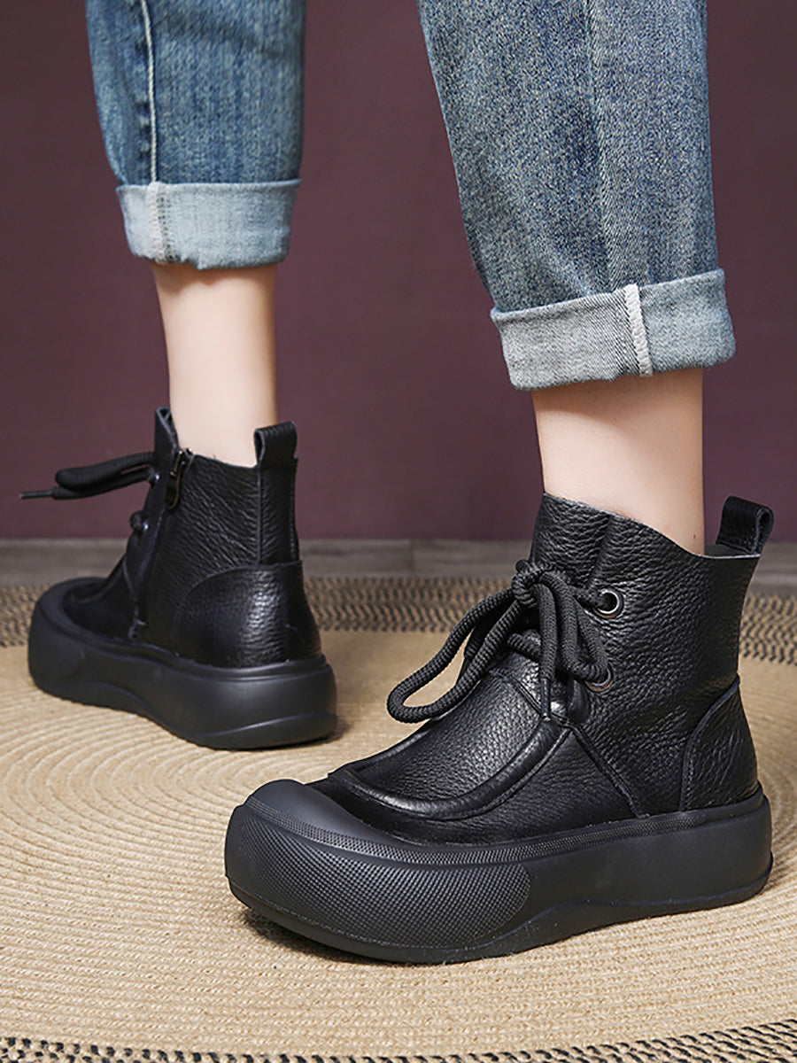 Women Casual Winter Solid Leather Strap Platform Boots WG009 BUYKUD