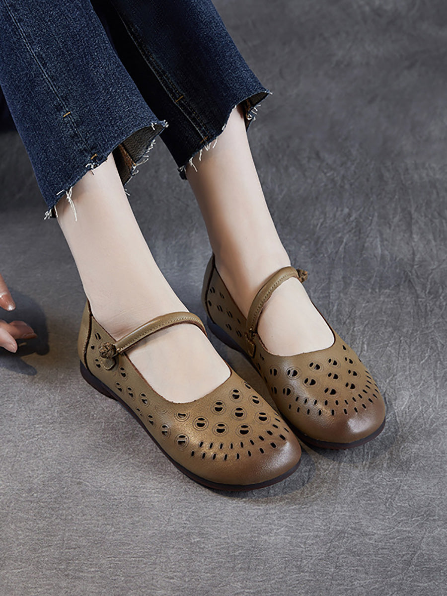 Genuine Shoes Women Summer Hollow Out Heel Low Leather FashionChic