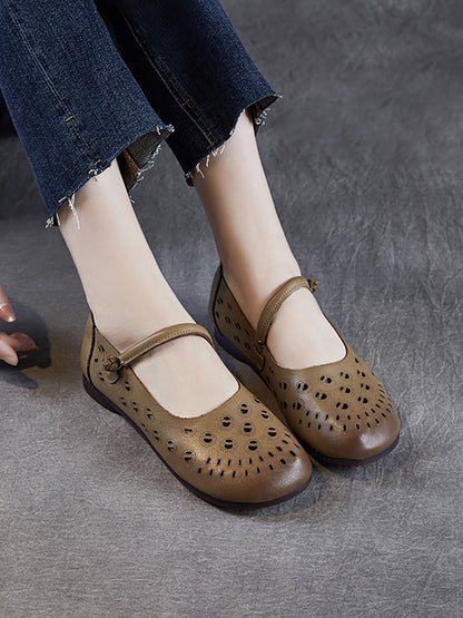 Genuine Shoes Women Summer Hollow Out Heel Low Leather FashionChic