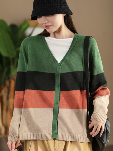 Women Autumn Colorblock V-Neck Knit Sweater AS1012 BUYKUD