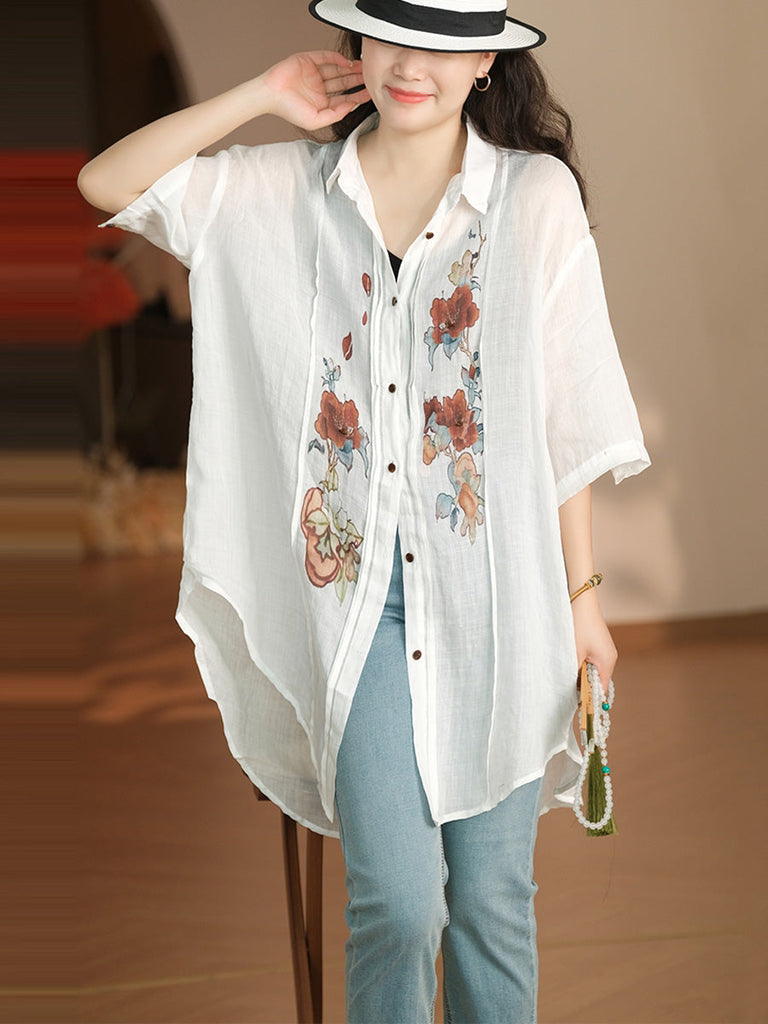 Women Summer Artsy Flower Shirred Button-up Ramie Shirt LL041 BUYKUD