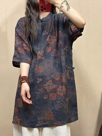 Women Vintage Flower Linen Summer Long Shirt CO1015 Ada Fashion