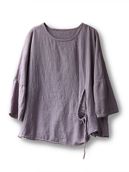 Women Spring Vintage Purple Drawstring Cotton Shirt SC1018 Ada Fashion