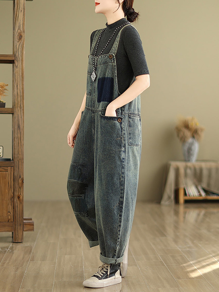 Women Retro Patchwork Loose Washed Denim Jumpsuits AH1080 JJX