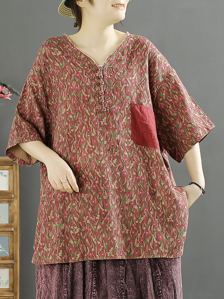 Women Summer Artsy Floral Spliced V-Neck Cotton Shirt KL1010 Ada Fashion