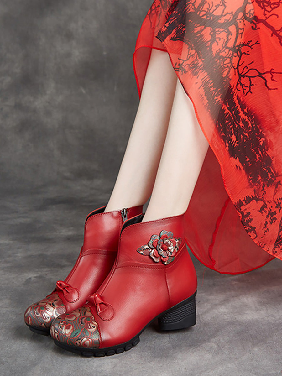 Women Ethnic Autumn Flower Spliced Leather Mid-Heel Boots AI1019 MXXZ