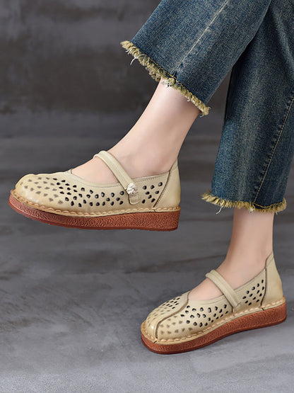 Women Summer Leather Solid Cutout Leather Flat Shoes OO1018 WZBQ