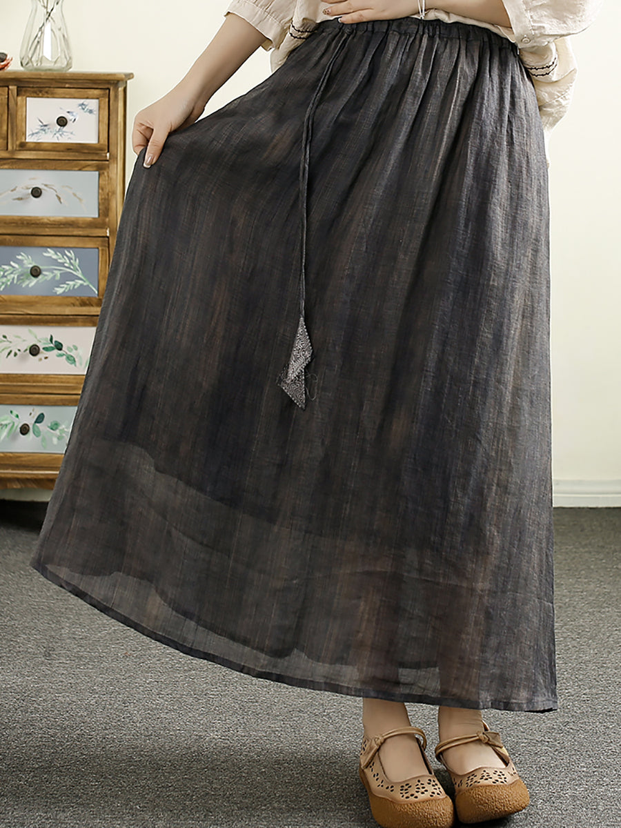 Women Summer Vintage Solid Dual-side Ramie Skirt PP1044 BUYKUD