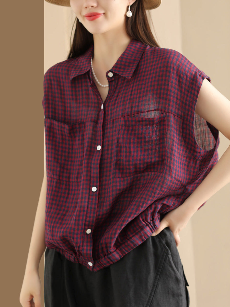 Women Summer Casual Plaid Button-up Linen Shirt HH013 BUYKUD