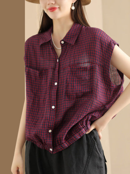 Women Summer Casual Plaid Button-up Linen Shirt HH013 BUYKUD