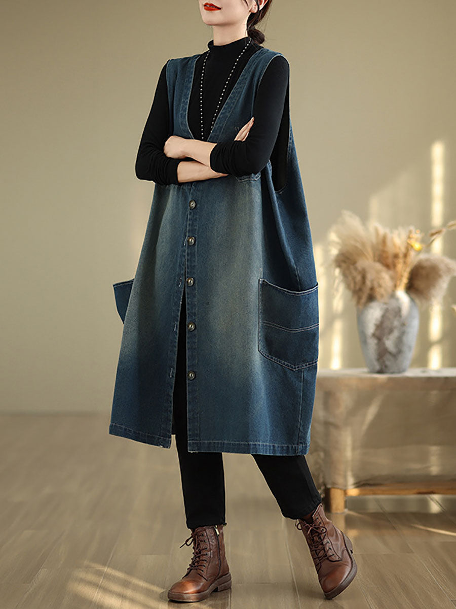 Women Casual Summer Spliced V-Neck Button-up Denim Vest Coat AT1007 BUYKUD