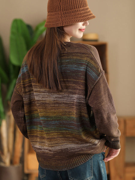 Women Autumn Artsy Colorful Knit V-Neck Cardigan Sweater AI1077 BUYKUD